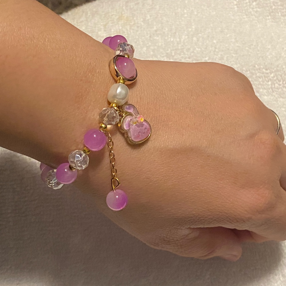 Kawaii Pastel Purple/Pink Beaded Charm Bracelet 💜 Bunny Aesthetic Cute Jewelry 🩷